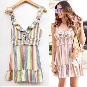 SAYLOR Sleeveless Rainbow-Stripe Smocked Gauze Dress Womens size XL